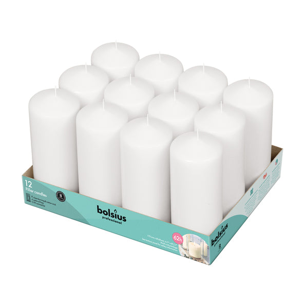 Bougies pilier professionnelles Bolsius blanches 17 7 cm 62 heures de combustion (12 pièces)