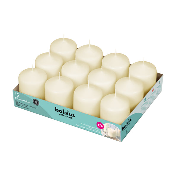 Bougies pilier professionnelles Bolsius ivoire 8 6 cm 17 heures de combustion (12 pièces)