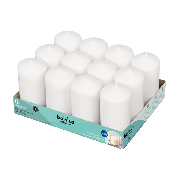 Bougies pilier professionnelles Bolsius blanches 13 7 cm 40 heures de combustion (12 pièces)