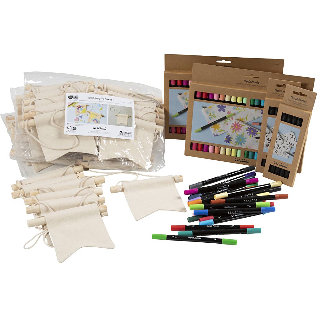 Creativ company group set peignez votre propre bannière, taille 10,5x12 cm, largeur de trait 2,3 + 3,6 mm, différentes couleurs, 60 pièces, 1 boîte