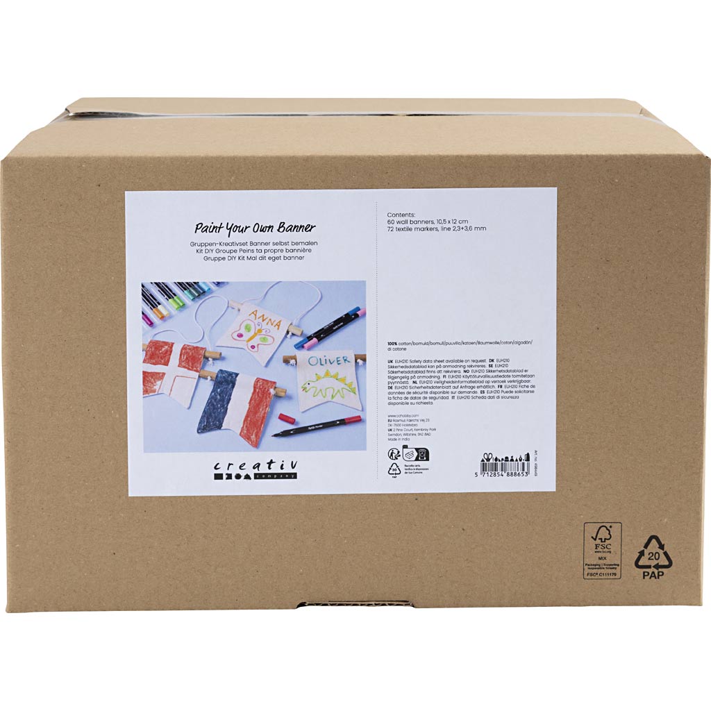 Creativ company group set peignez votre propre bannière, taille 10,5x12 cm, largeur de trait 2,3 + 3,6 mm, différentes couleurs, 60 pièces, 1 boîte
