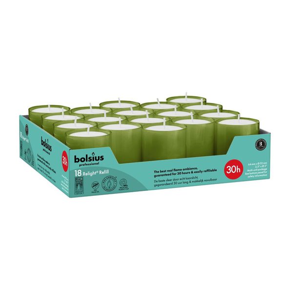 Recharges professionnelles Bolsius vert olive ø52x64 mm 30 heures (4x 18 pièces)