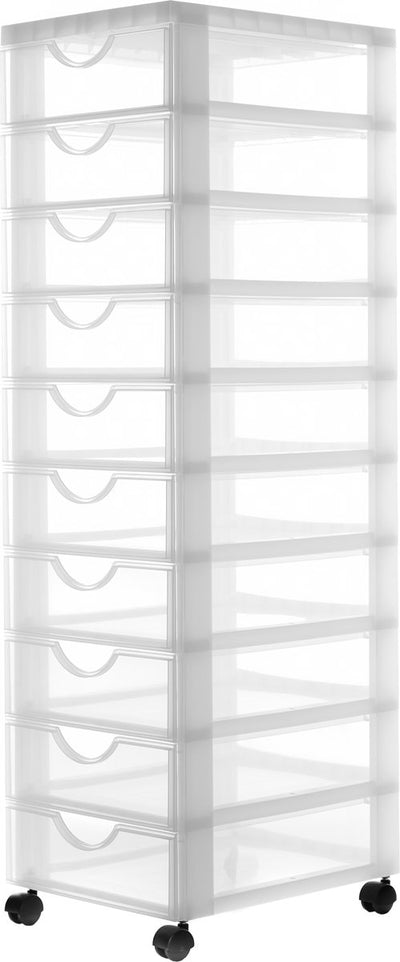 Commode Iris easygrip - 10 tiroirs x 7,5l - plastique - blanc transparent - avec roulettes