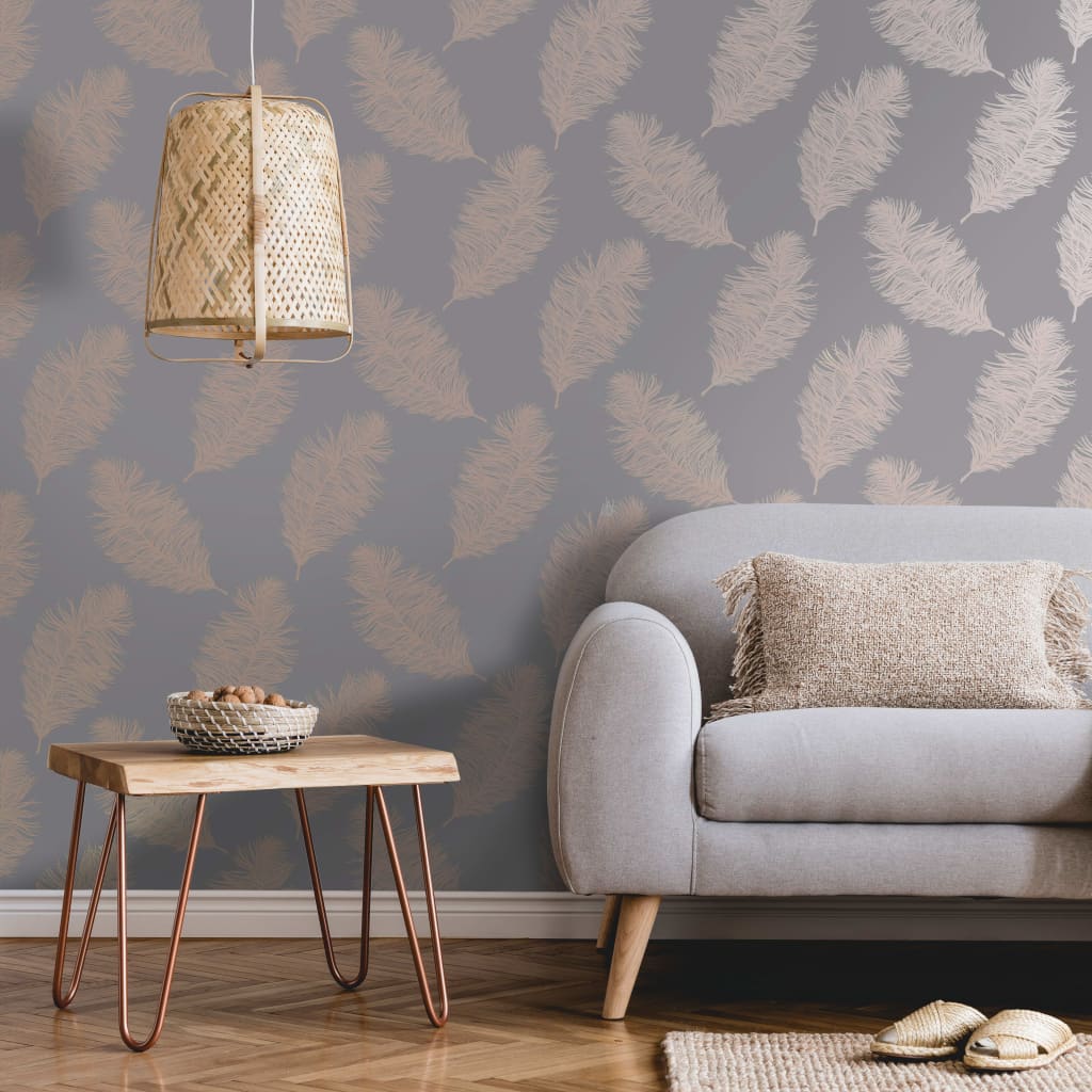 Covergs muraux hollandais Covergs néerlandais Fond d'écran Faiwning Feather Grey et Rose Gold Colored