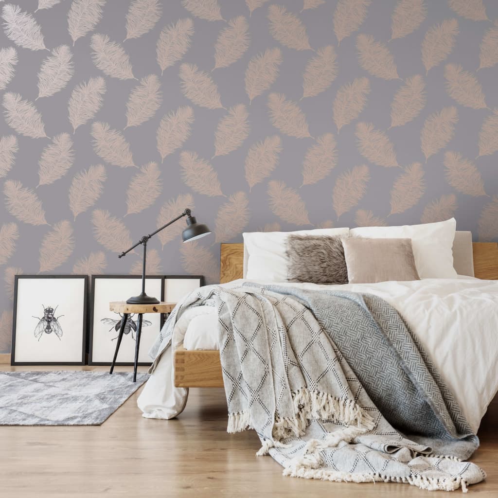 Covergs muraux hollandais Covergs néerlandais Fond d'écran Faiwning Feather Grey et Rose Gold Colored
