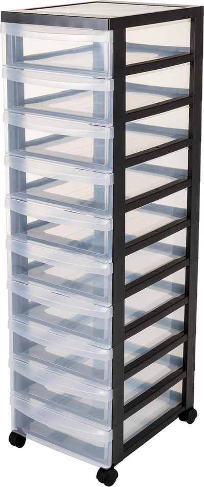 Système de tiroirs commode design Iris - 10 tiroirs de 7,5l - roulettes - noir transparent