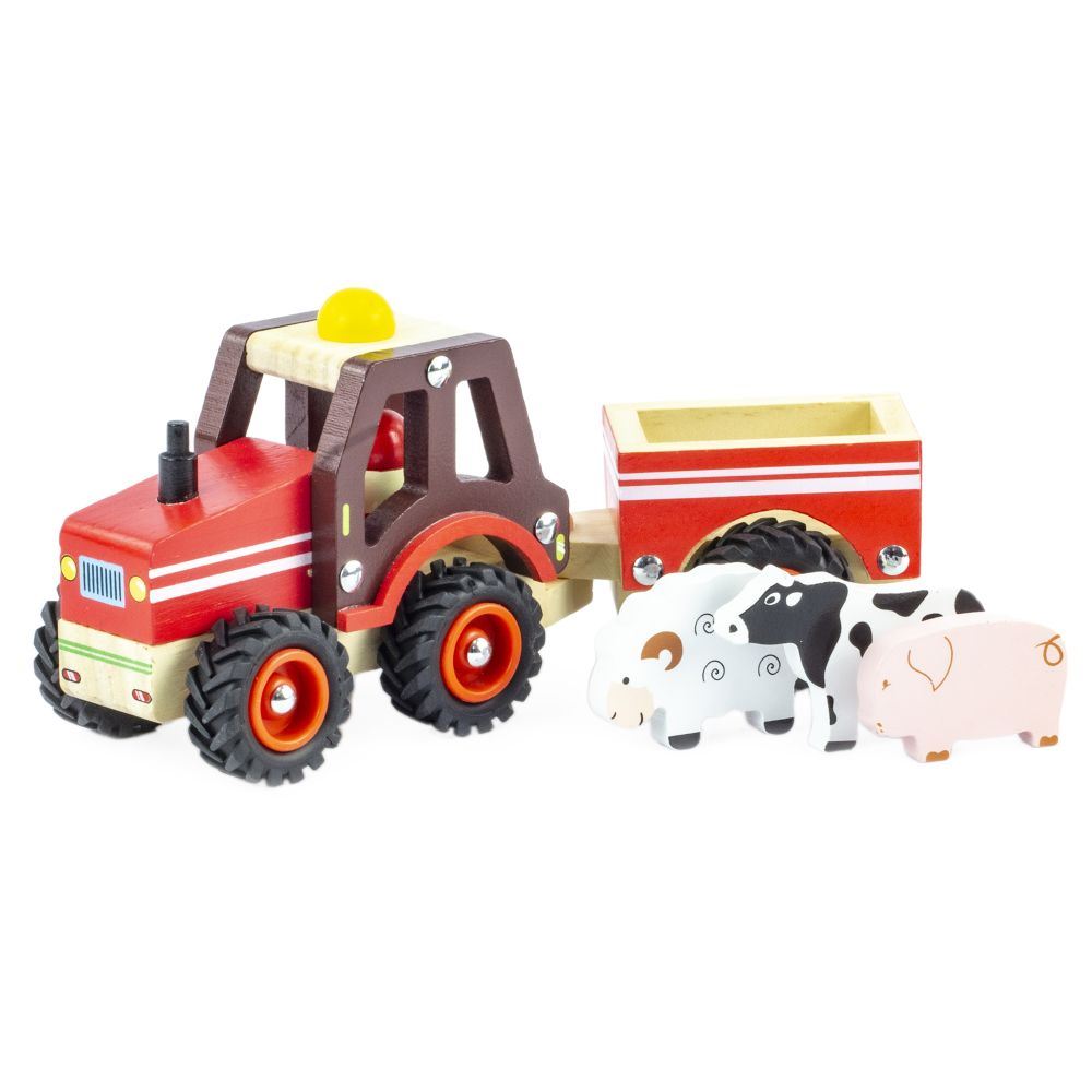 Ensemble tracteur + remorque en bois rétro. fsc. 2+