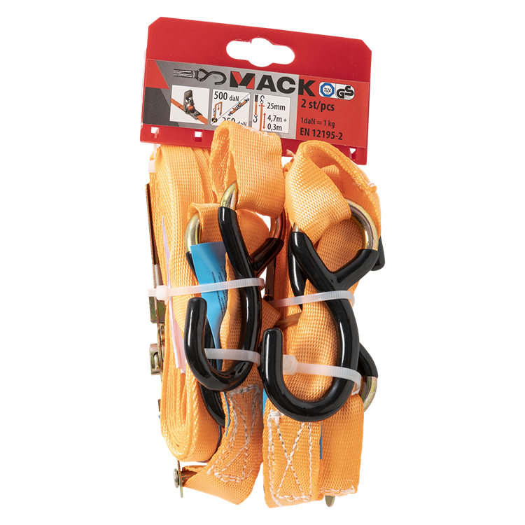 Mack 1072407 - 2 courroies de tension pe, tendeur à cliquet 25mm-5m max 500kg 2d,2 crochets s | 5 pièces