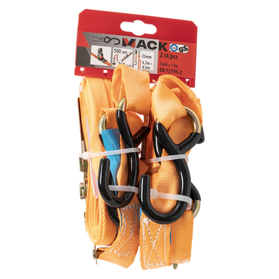 Mack 1072407 - 2 courroies de tension pe, tendeur à cliquet 25mm-5m max 500kg 2d,2 crochets s | 5 pièces