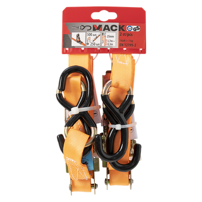 Mack 1072108 - 2 courroies de tension pe, tendeur à cliquet 25mm-4m max 500kg 2d,2 crochets s | 5 pièces