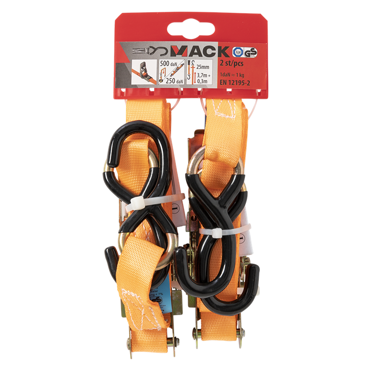 Mack 1072108 - 2 courroies de tension pe, tendeur à cliquet 25mm-4m max 500kg 2d,2 crochets s | 5 pièces