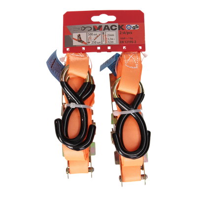 Mack 1072109 - 2 courroies de tension pe, tendeur à cliquet 25mm-6m max 500kg 2d, crochets en S | 5 pièces