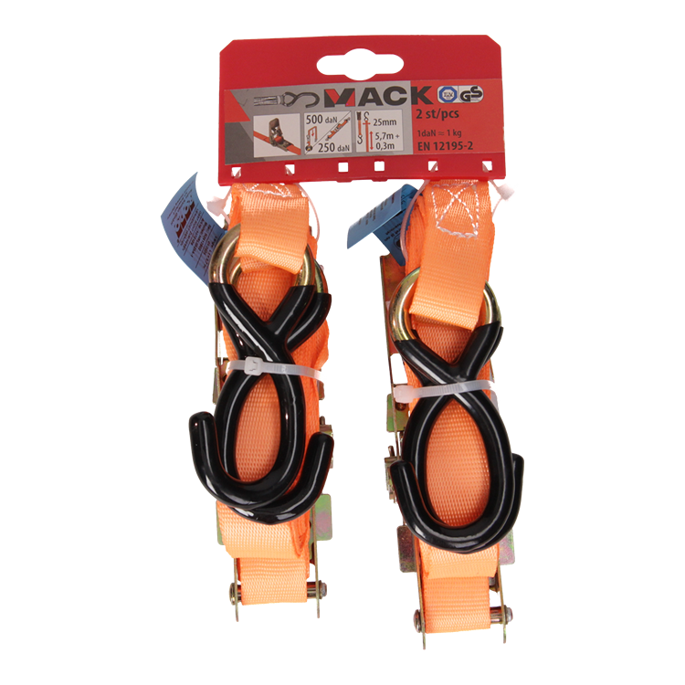 Mack 1072109 - 2 courroies de tension pe, tendeur à cliquet 25mm-6m max 500kg 2d, crochets en S | 5 pièces