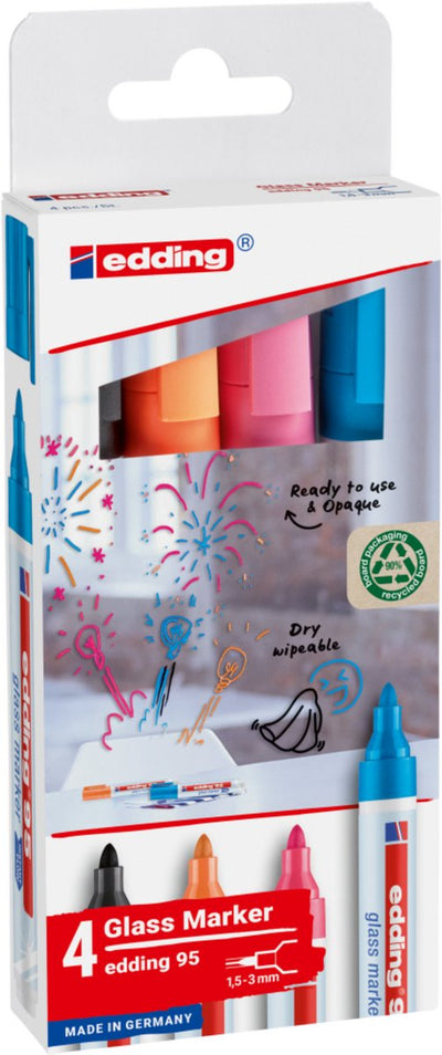 Set de marqueurs pour verre Edding 95 avec 4 couleurs - noir, bleu clair, rose, orange - pointe ronde 1,5-3 mm - convient également pour les tableaux blancs - effaçable à sec