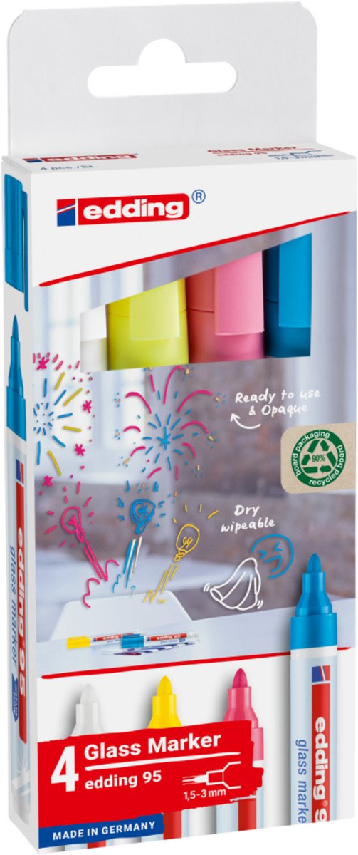 Set de marqueurs pour verre Edding 95 avec 4 couleurs - blanc, jaune, rose, bleu clair - pointe ronde 1,5-3 mm - convient également pour les tableaux blancs - effaçable à sec
