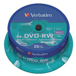 DVD-RW verbatim 43639 résistant aux rayures 4,7 Go 4x 120min argent mat 25 pièces