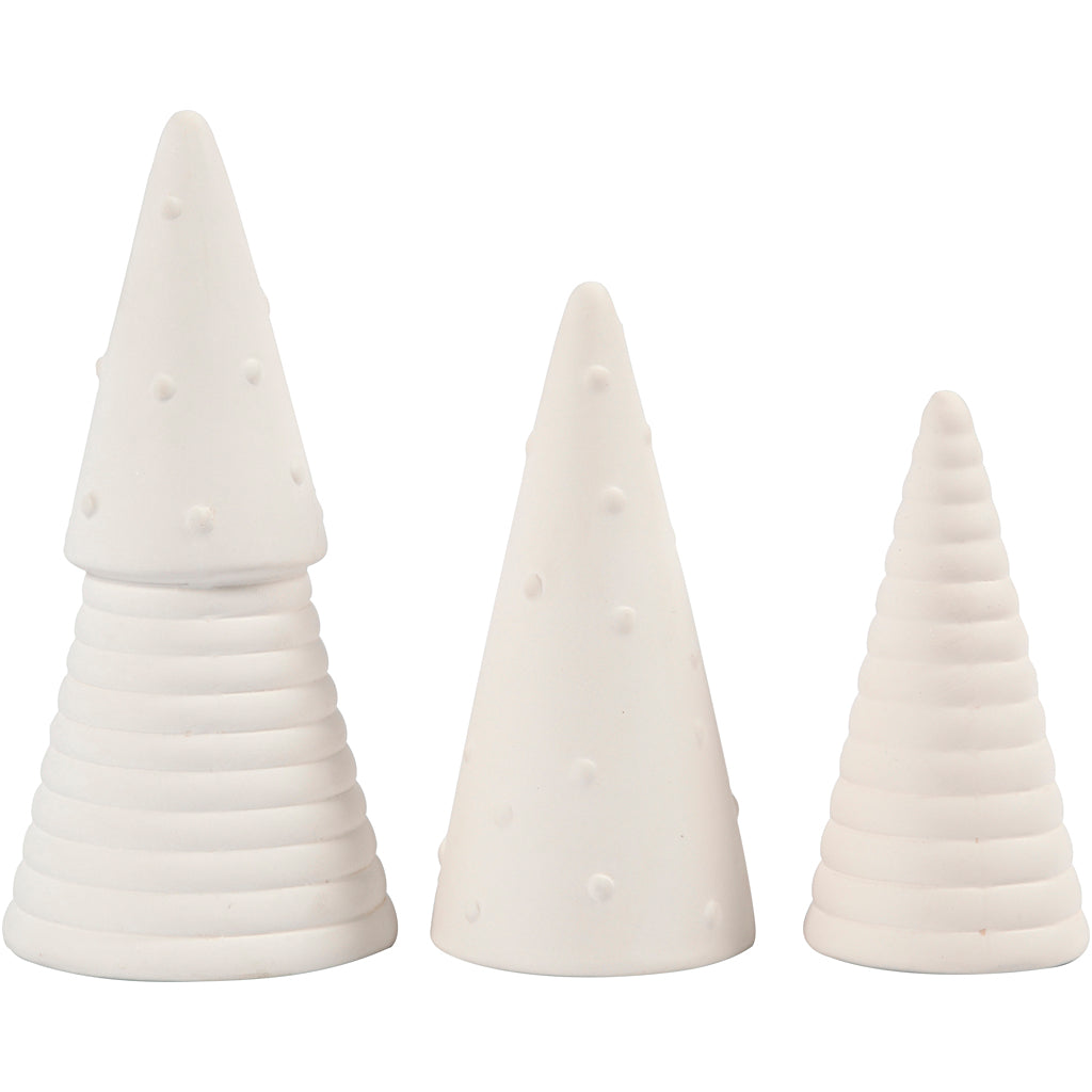Creativ company Arbres de Noël, h: 10+12+15 cm, d 5+6+7 cm, blanc, 3 pièces 1 boîte