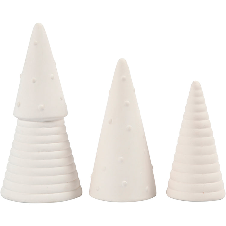 Creativ company Arbres de Noël, h: 10+12+15 cm, d 5+6+7 cm, blanc, 3 pièces 1 boîte