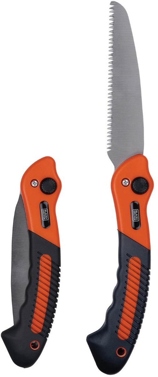 Scie à branches pliante Black+decker - 22,5 x 6 x 3,5 cm - tête de coupe en acier dentelée - orange noir