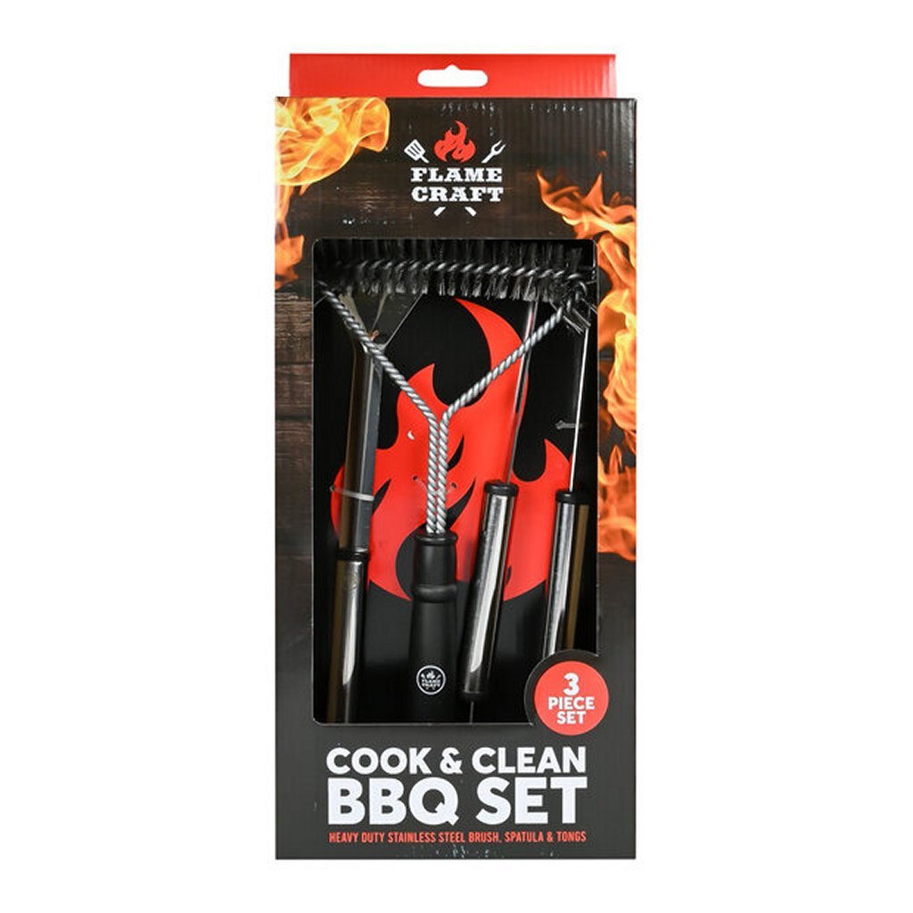 Interbosch flamecraft ensemble d'outils pour barbecue 3 pièces en acier inoxydable noir