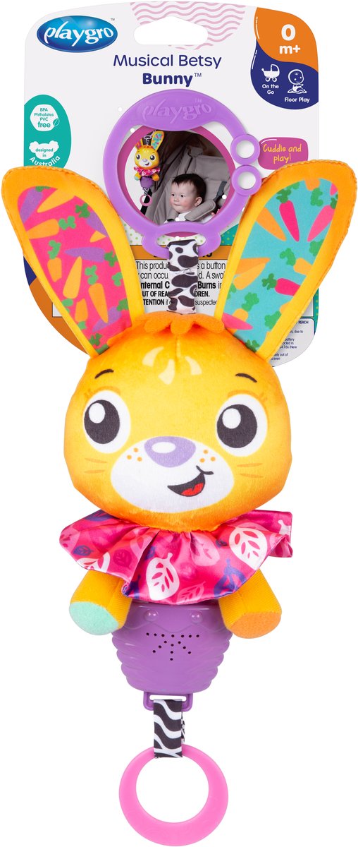 Playgro musical pullstring betsy bunny - jouet suspendu - jouet pour landau - jouets pour bébé - jouets 1 an - jouets pour bébé avec son - accessoire pour landau - accessoire pour poussette - jouets éducatifs - peluche - jouets pour bébé avec musique