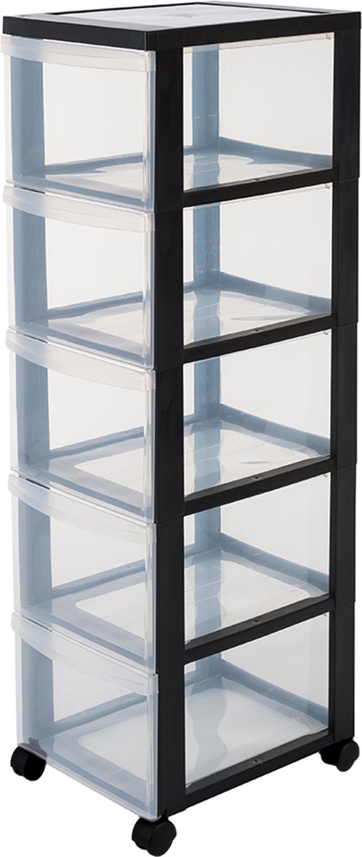 Système de tiroirs commode design Iris - 5 tiroirs profonds - plastique - noir transparent - avec roulettes