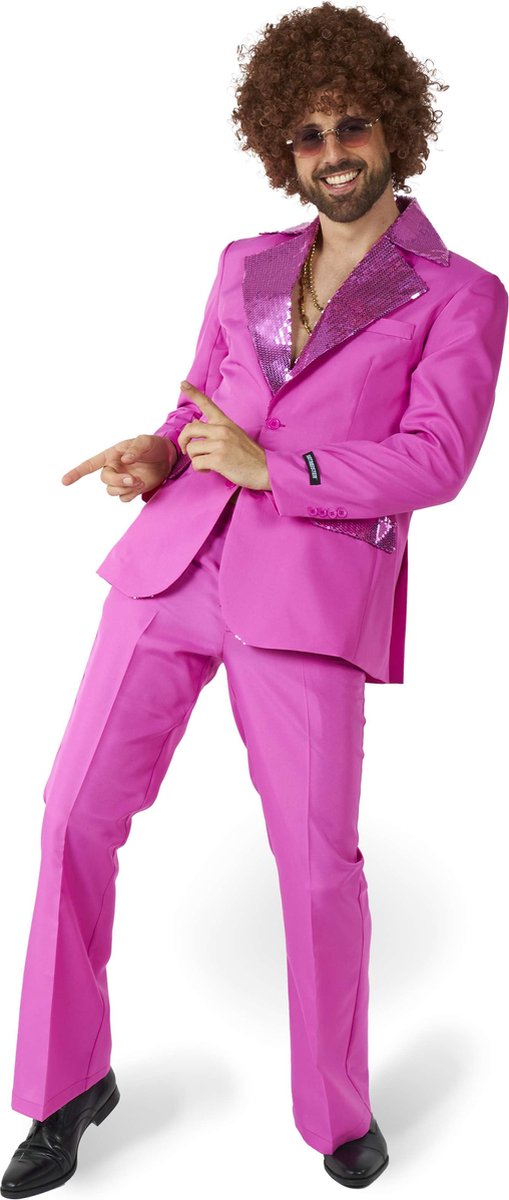 Costume disco Suitmeister - costume homme - vêtements de carnaval - costume de fièvre du samedi soir - comprenant veste et pantalon évasé - rose - taille : m