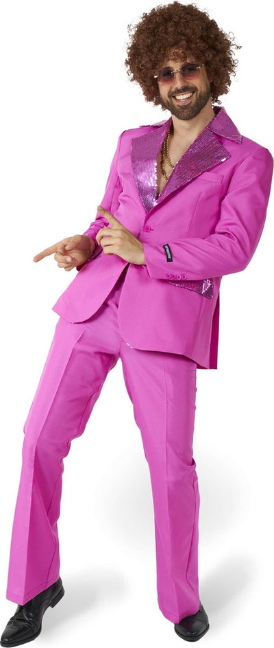 Costume disco Suitmeister - costume homme - vêtements de carnaval - costume de fièvre du samedi soir - comprenant veste et pantalon évasé - rose - taille : m
