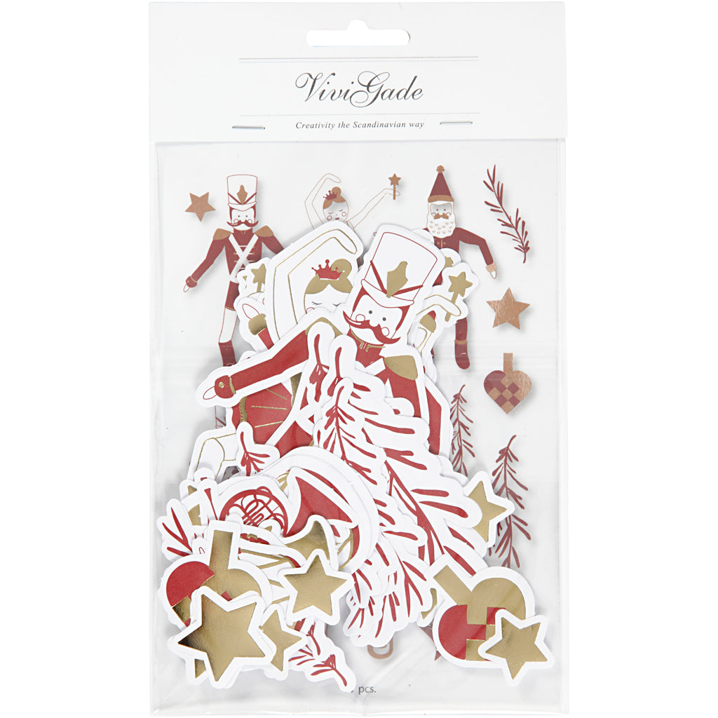 Etiquettes Vivi Gade, dim. 2,2x12,5 cm, or, rouge, blanc, 57 pièces 1 boîte