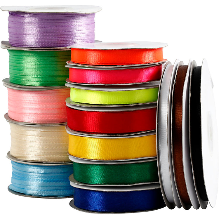 Ruban de satin Creativ company, l: 3-19 mm, différentes couleurs, 15 rouleaux 1 boîte