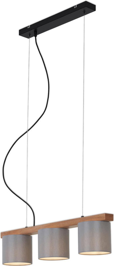 Briloner leuchten style bois - lampe suspendue - 3 lumières - e14 max. 25w - abat-jour : gris - matière : métal-bois et tissu