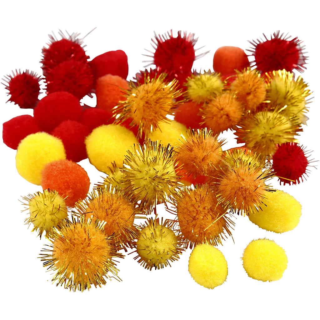 Pompons Creativ company, d 15+20 mm, orange, rouge, jaune, 48 div 1 boîte