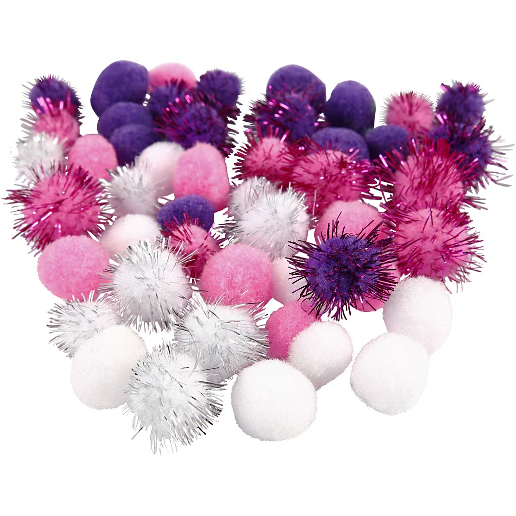 Pompons Creativ company, d 15+20 mm, violet, rouge clair, blanc, 48 div 1 boîte