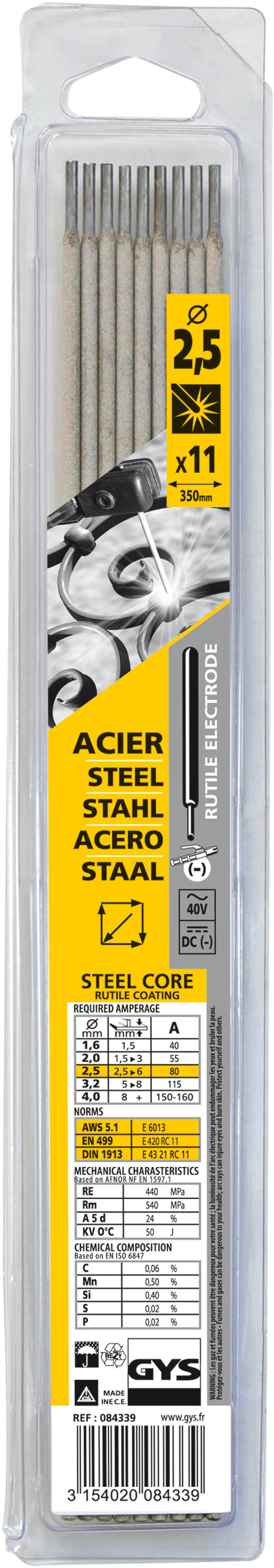 Electrodes de soudage Gys acier acier, o2.5mm (x11) - 5193084339 5193084339