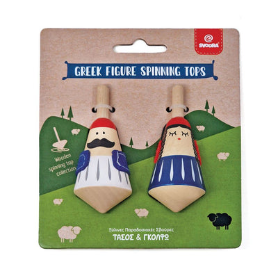 Ensemble de toupies en bois, figures grecques. 5+