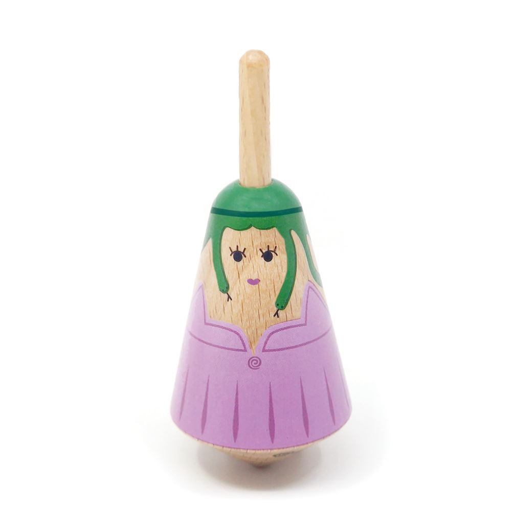Toupie grecque en bois : méduse 3,5x3,5x8 cm.