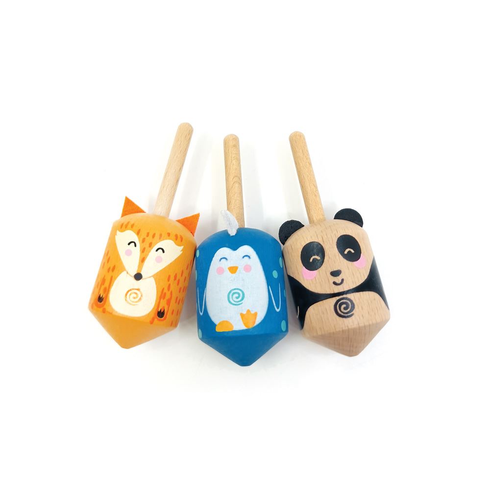 Dsp. toupie en bois panda, renard et pingouin. 2