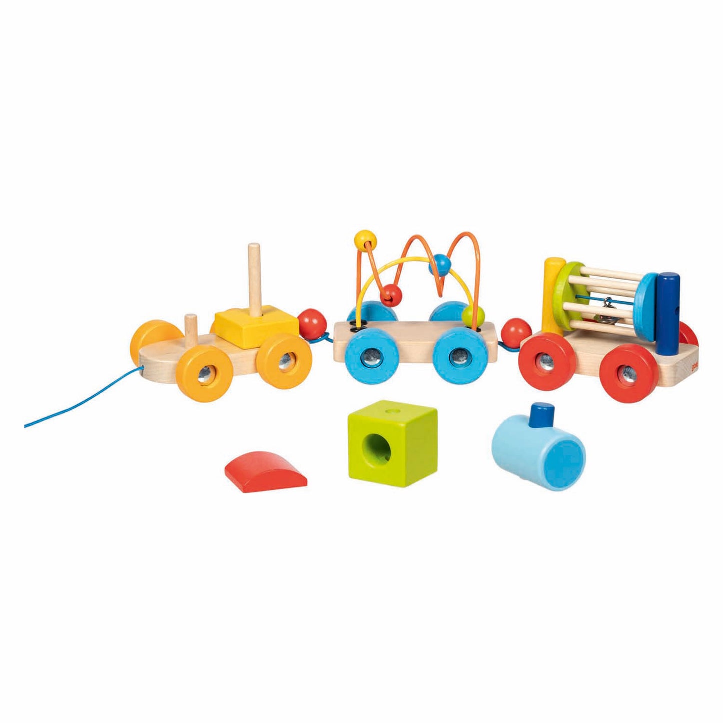 Train en bois Goki Rio avec blocs, labyrinthe de perles, hochet