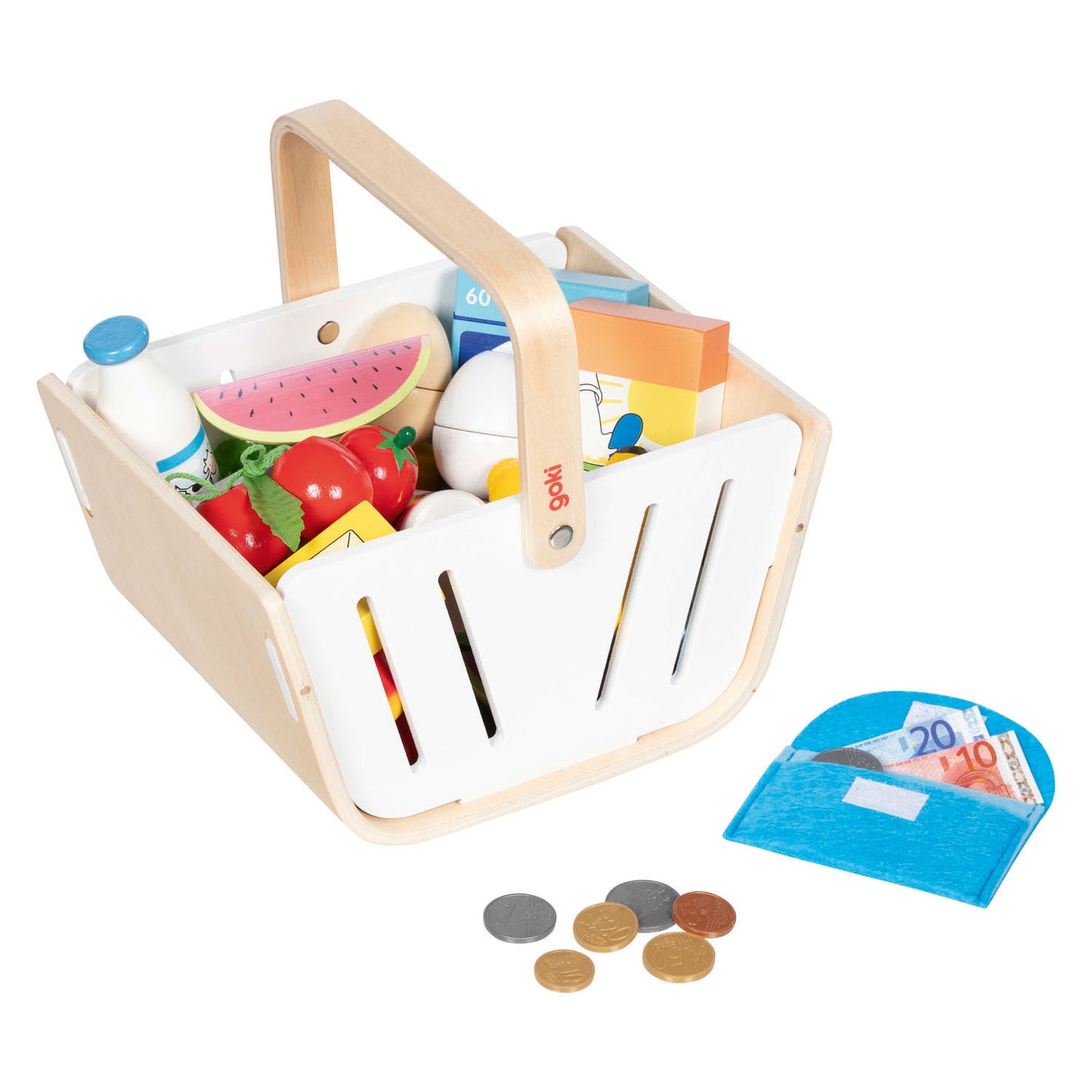 Panier de courses en bois Goki avec portefeuille en tissu