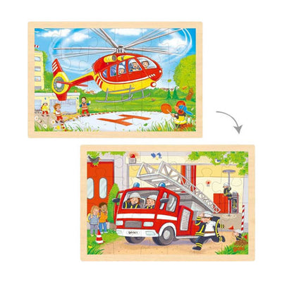 Puzzle en bois Goki - hélicoptère et camion de pompiers - 24 pcs.