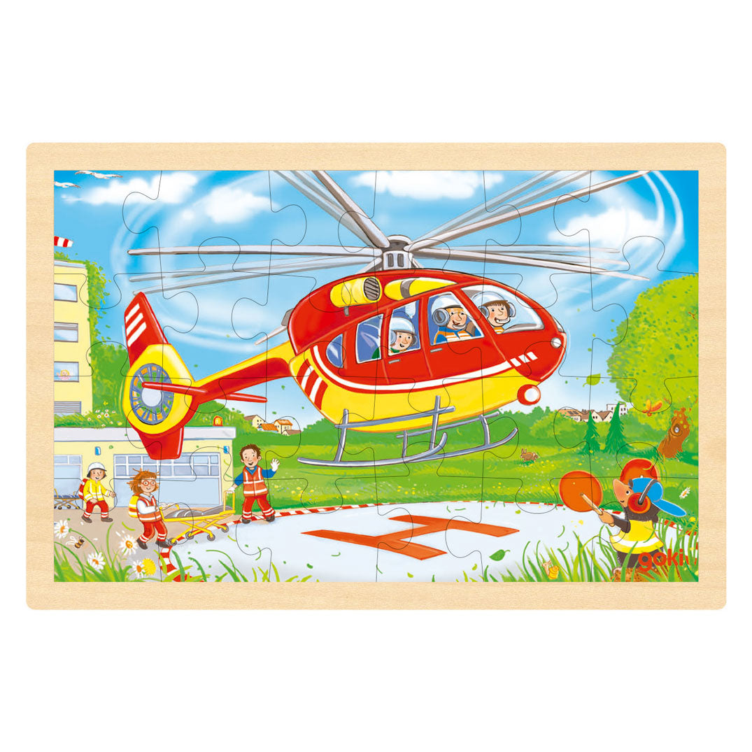 Puzzle en bois Goki - hélicoptère et camion de pompiers - 24 pcs.