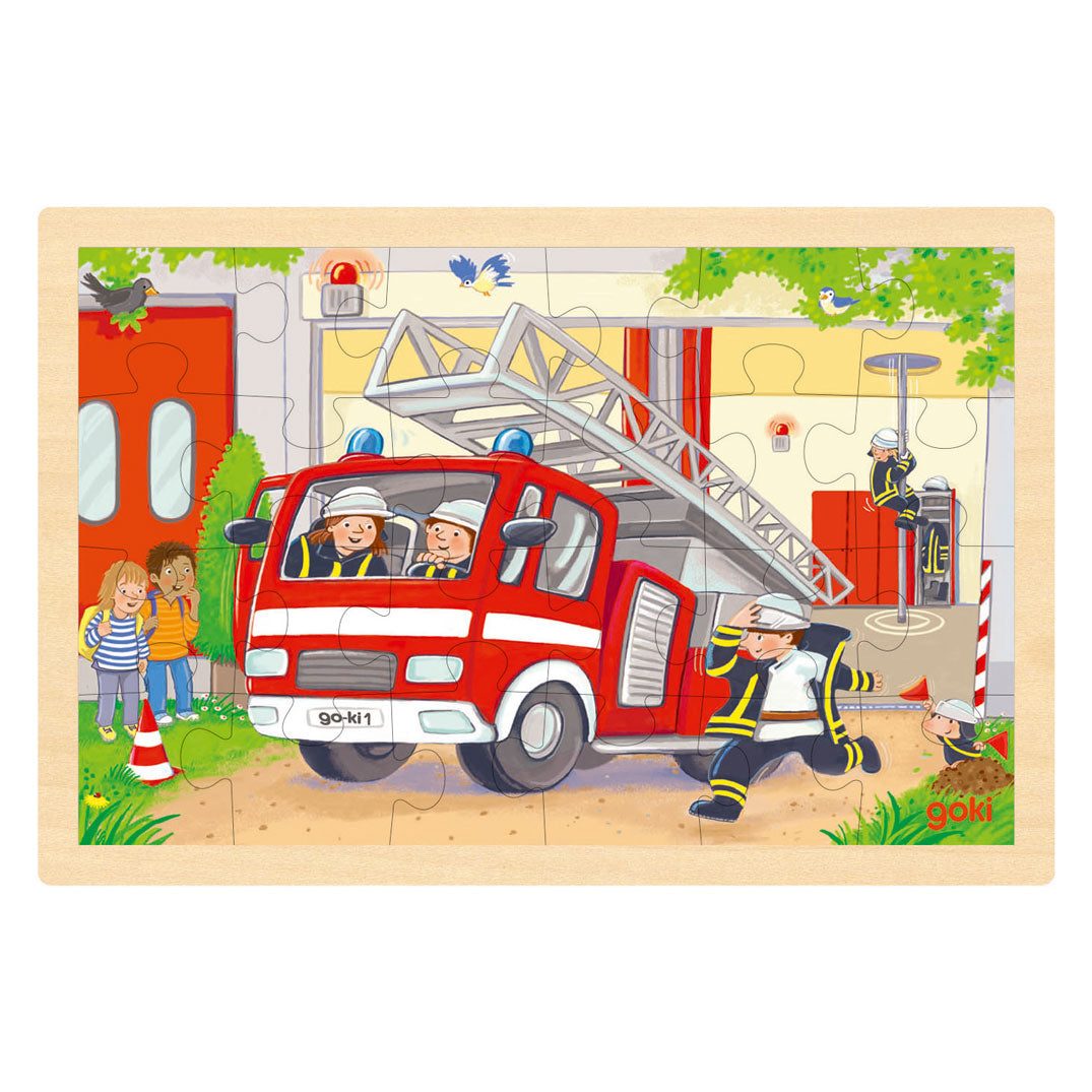 Puzzle en bois Goki - hélicoptère et camion de pompiers - 24 pcs.