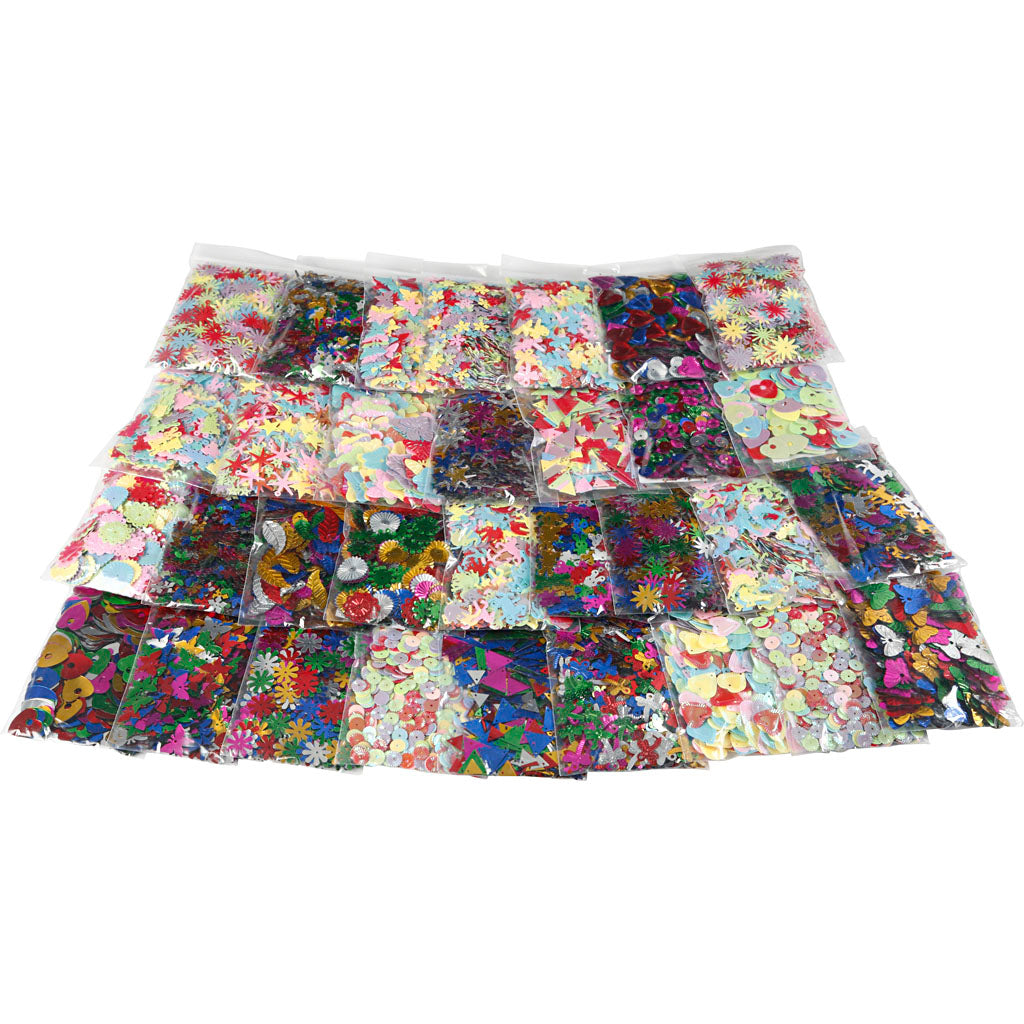 Creativ company mélange de paillettes multiples, taille 7-30 mm, différentes couleurs, 32x25 g 1 boîte