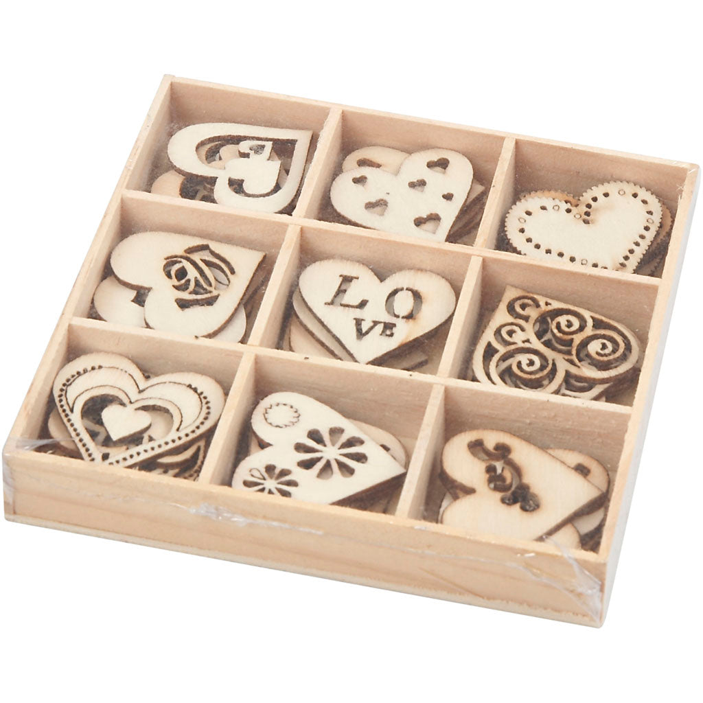Creativ company décoration en bois, amour, taille 28 mm, 45 pièces, 1 boîte