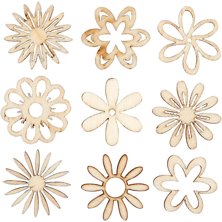 Creativ company décoration en bois, fleurs, taille 28 mm, 45 pièces, 1 boîte