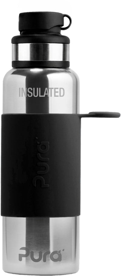Bouteille de sport Pura thermos 650 ml - thermos - tasse thermos - sans plastique - à double paroi - avec bouchon de sport et manchon de sport - le dessus est interchangeable - noir