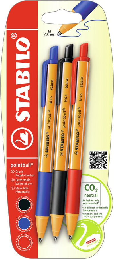 Stabilo pointball - stylo à bille - coloré - rechargeable - set de 3 couleurs - blister