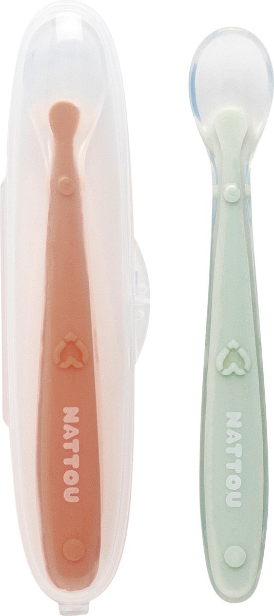 Cuillères en silicone Nattou pour enfant - 2 pièces - 16 cm - boîte de transport pour 1 cuillère - sans BPA - vert beige