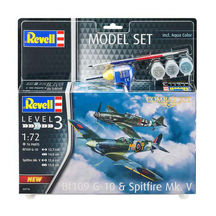 Kit de construction de maquettes Revell - Ensemble de combat bf109g-10 Spitfire mk.v 1:72 - 76 pièces. - y compris couleurs de peinture de base aqua color