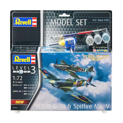 Kit de construction de maquettes Revell - Ensemble de combat bf109g-10 Spitfire mk.v 1:72 - 76 pièces. - y compris couleurs de peinture de base aqua color